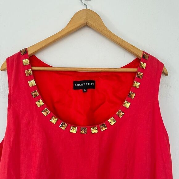 Carlie's Court VTG Orange Gold Accent A-Line 100% Linen Dress - Picture 4 of 7